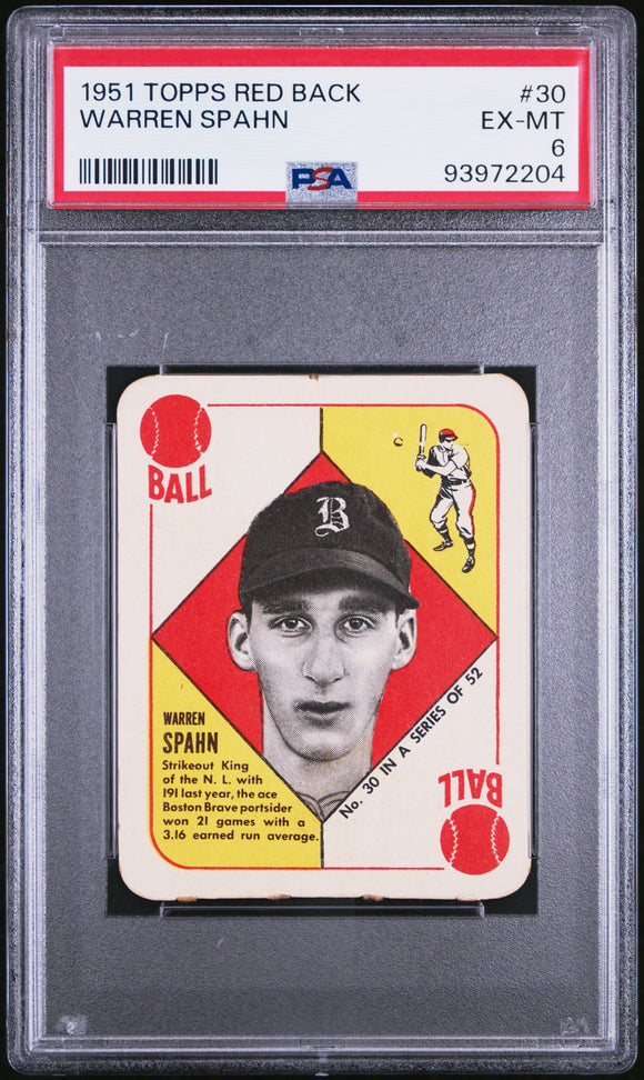 1951 Topps Red Backs Warren Spahn #30 Baseball BRAVES PSA 6 PSA 93972204