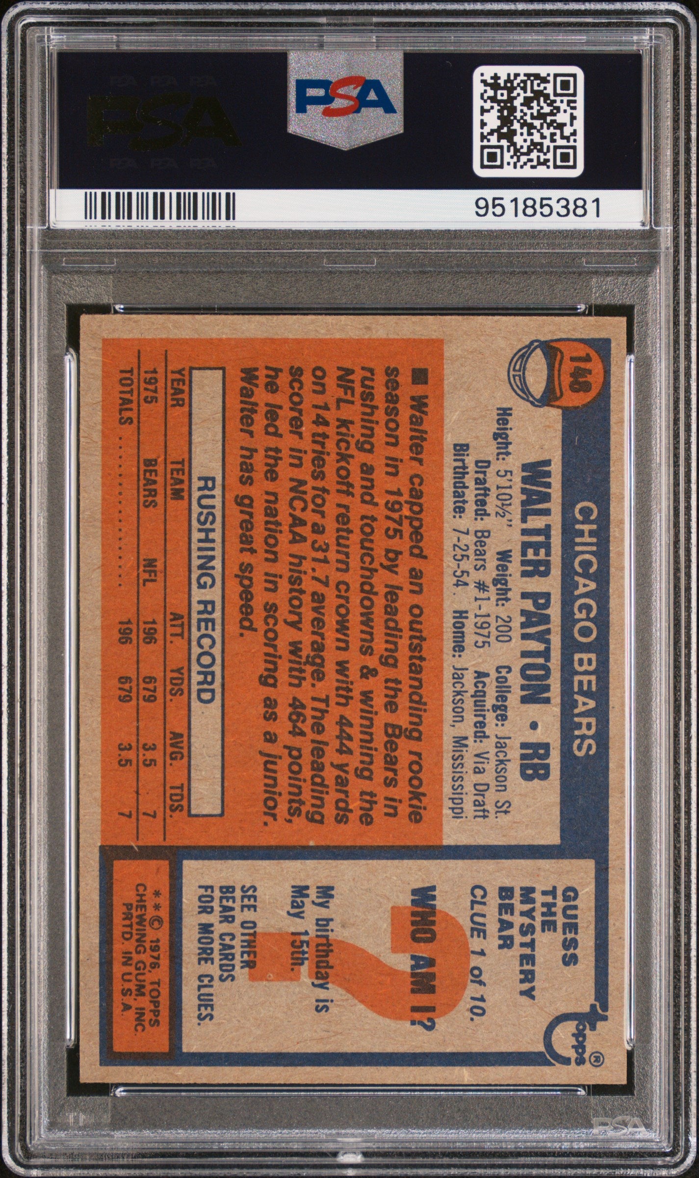 1976 topps Walter hotsell Payton RC #148